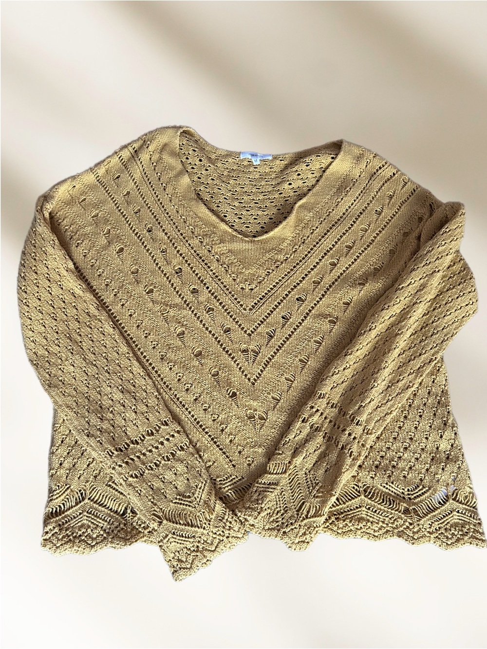 Women's Boho Mustard Crochet Knit V-Neck Sweater